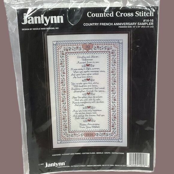 Vintage 1991 Janlynn Counted Cross Stitch Country French Anniversary Sampler Kit - Picture 1 of 5